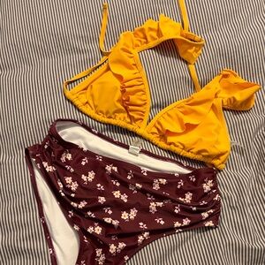 Cupshe Yellow Ruffle Bikini Top with Floral Bottom